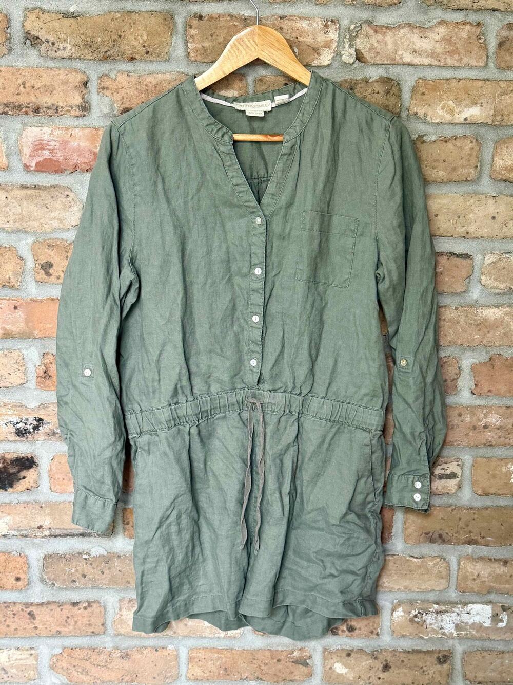 Cynthia Rowley Linen Olive Romper Large Summer Vacation Resort Quiet Luxury